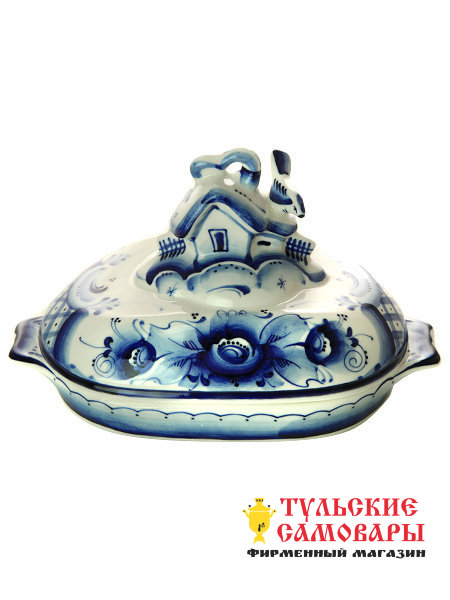 Масленка прямоугольная "Домик" Гжель, автор С.Исаев фото 1 — Samovars.ru