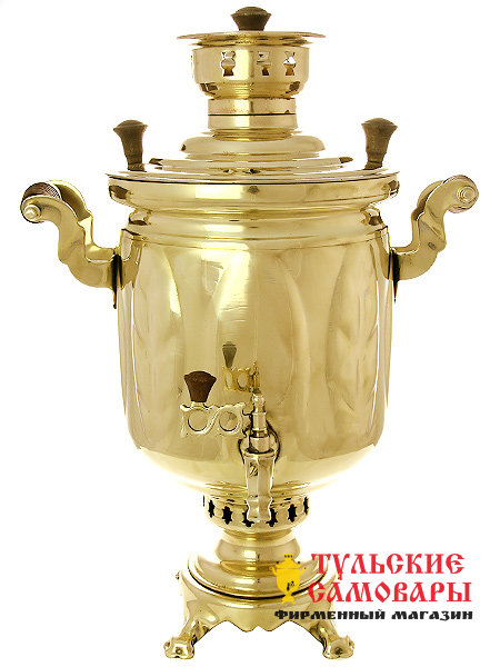 Угольный самовар 5 л желтый цилиндр "Листья" с трубой фото 1 — Samovars.ru