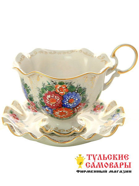 Чайная пара Гжель "Снежинка" в цвете, автор Алехин фото 1 — Samovars.ru