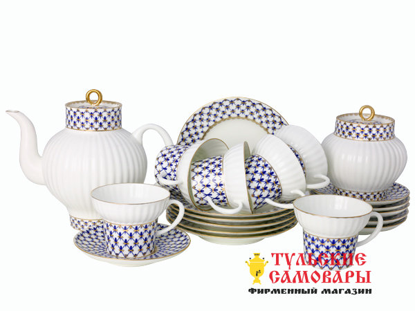 Farforovyj Chajnyj Serviz 6 Person Forma Volna Risunok Kobaltovaya Setka 6 20 Imperatorskij Farforovyj Zavod Moskva