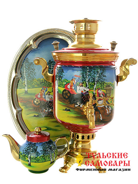 Набор самовар электрический 10 литров с художественной росписью "Тройка летняя", арт. 110241 фото 1 — Samovars.ru