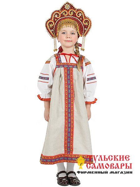 Русский народный костюм "Забава" детский льняной бежевый сарафан и блузка 7-12 лет фото 1 — Samovars.ru