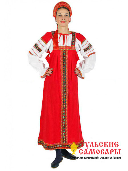 Русский народный костюм "Дуняша" для танцев хлопковый красный сарафан и блузка XL-XXXL фото 1 — Samovars.ru