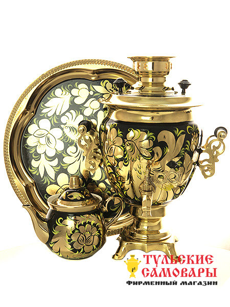 Набор самовар электрический 3 литра с художественной росписью "Золотые цветы на черном фоне", арт. 130487 фото 1 — Samovars.ru