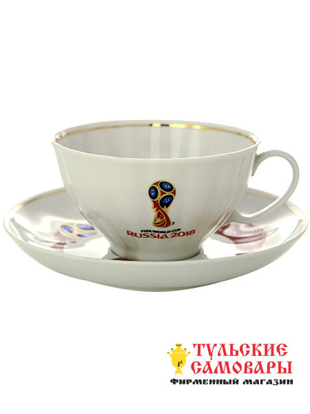 Чашка с блюдцем форма "Белый лебедь" рисунок "Тройка с мячом" Дулево, FIFA 2018 фото 1 — Samovars.ru