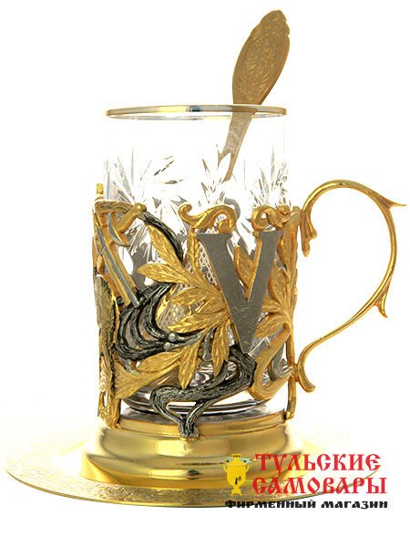 Подстаканник Златоуст позолоченный - Набор для чая "Виктория" (ложка, тарелка, хрусталь) фото 1 — Samovars.ru